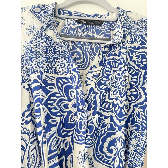 ZARA Belted Long Sleeve Mini Shirt Dress •L• Blue & White Flora Blogger Fave - Picture 6 of 10